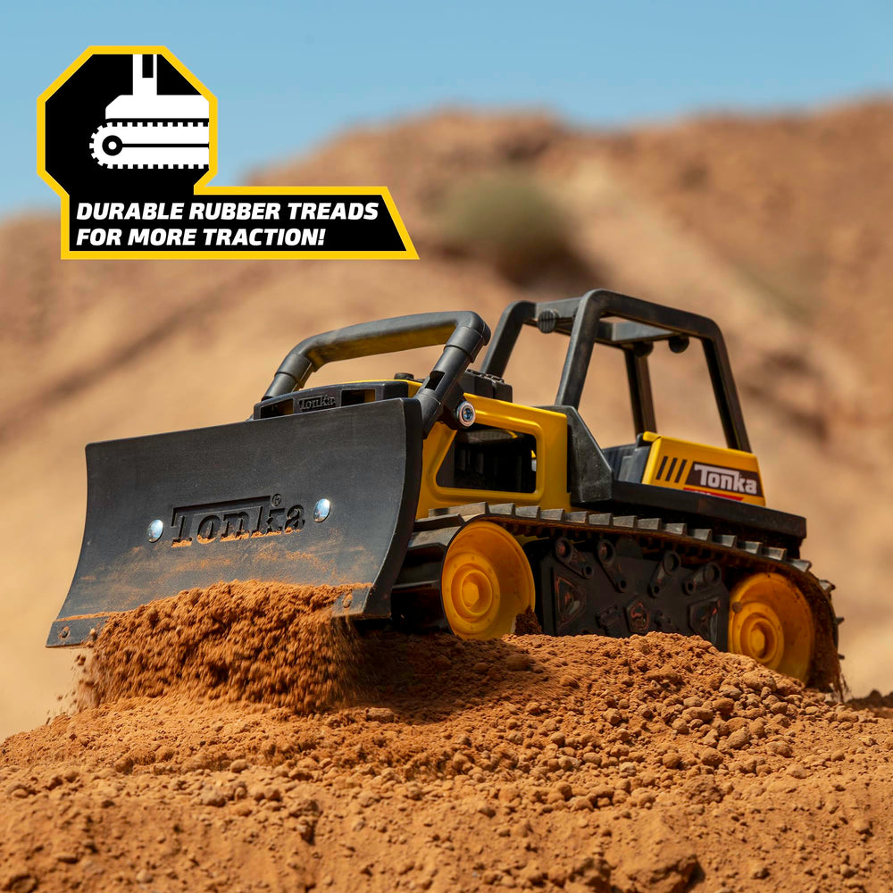 Tonka bulldozer cab and label showcasing authentic Tonka branding