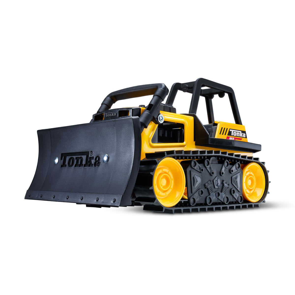 Tonka bulldozer front view showing metal body and play durability