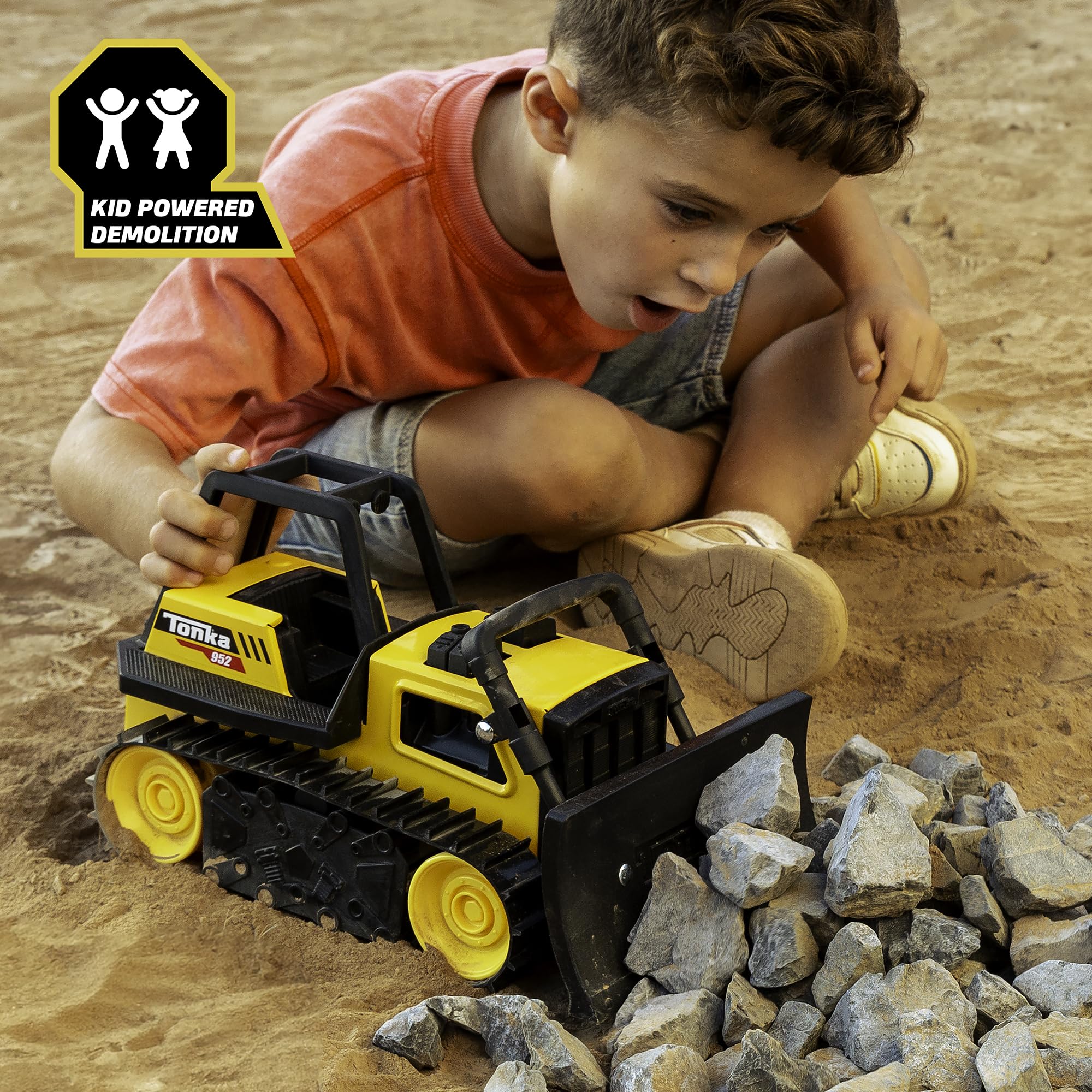 Tonka bulldozer scaled with hand to show size for toddlers