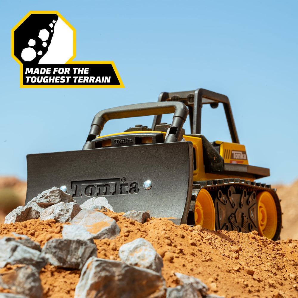 Tonka bulldozer worn durability demo illustrating long-lasting build