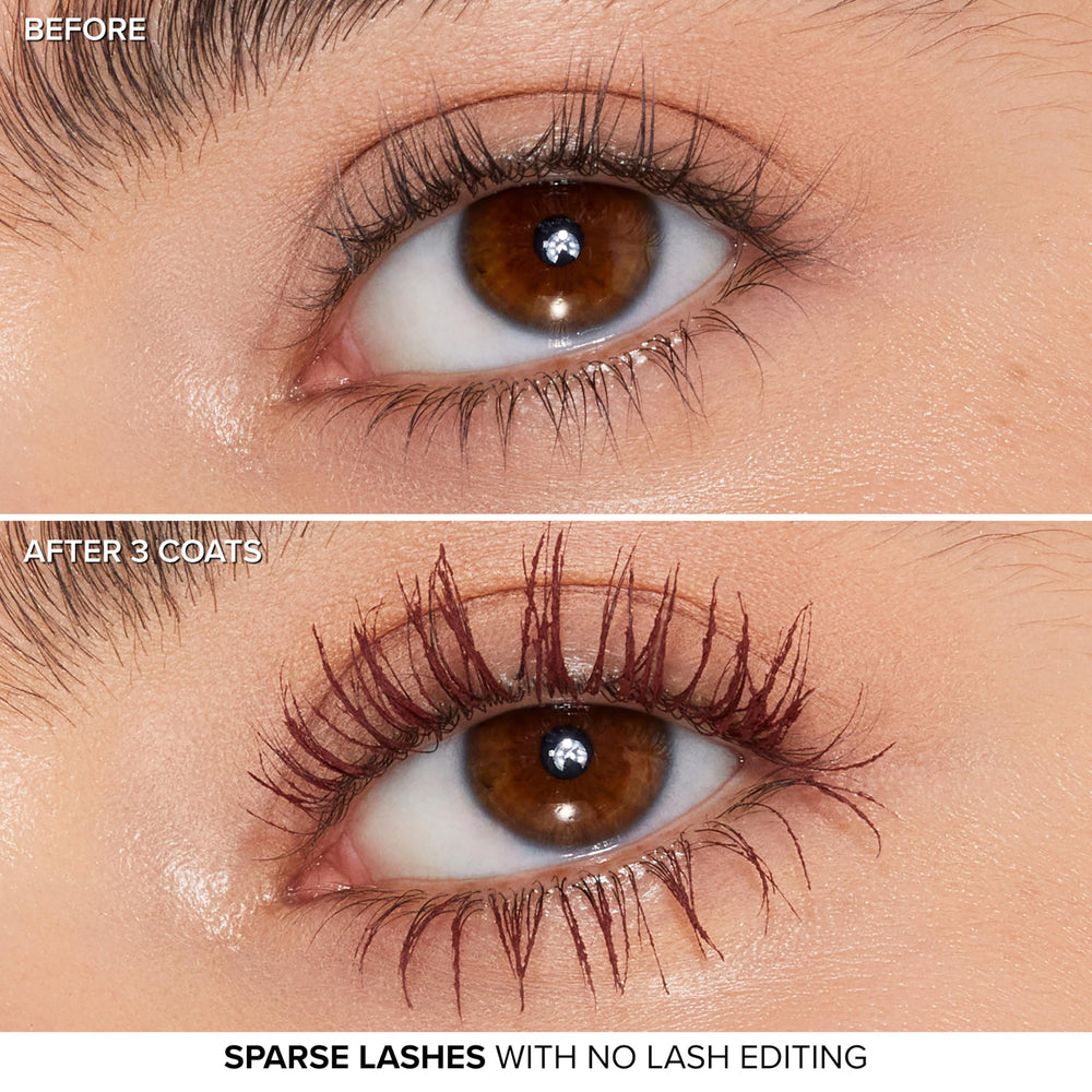 Too Faced application on model showing immediate false-lash effect benefit