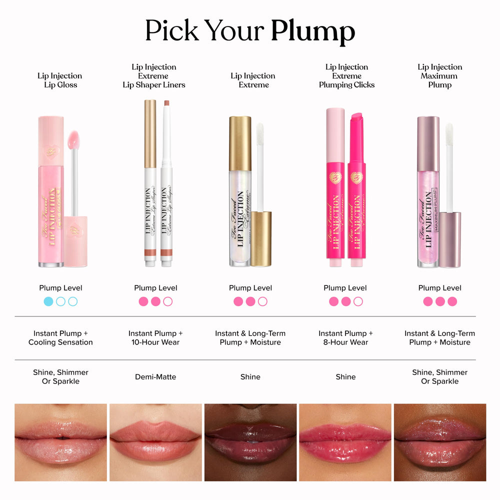 Too Faced before-and-after shine comparison illustrating enhanced gloss and volume