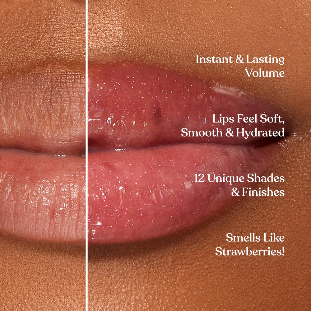 Too Faced gloss texture close-up highlighting glossy, non-sticky hydration benefit