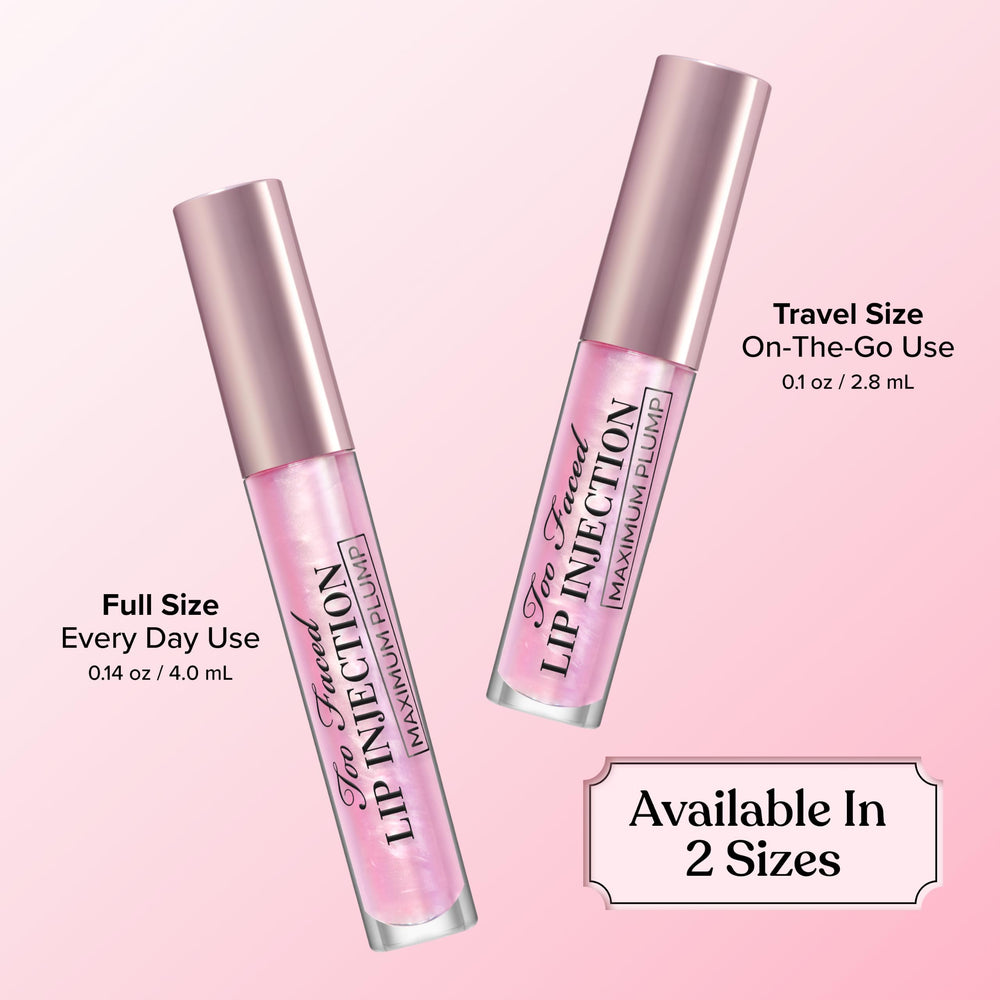 Too Faced gloss inside a makeup bag lifestyle shot showing portability and quick boost