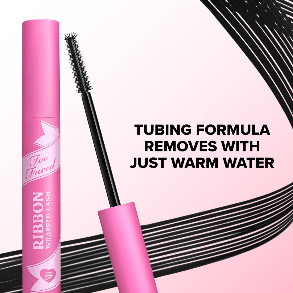 Too Faced before-and-after lashes revealing dramatic length, lift, and clump-free definition