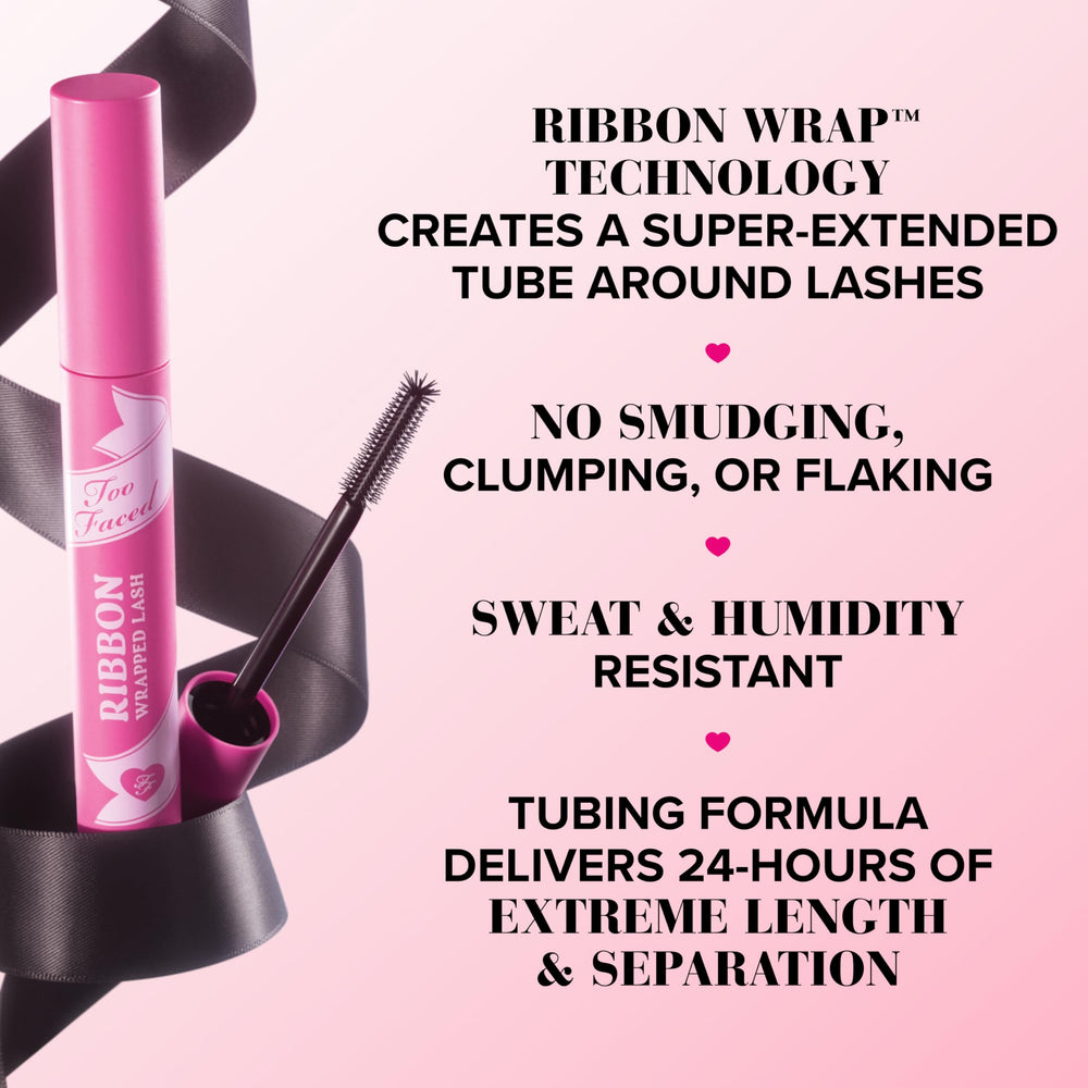 Too Faced black mascara swatch on hand showing smooth tubing texture and buildable coverage
