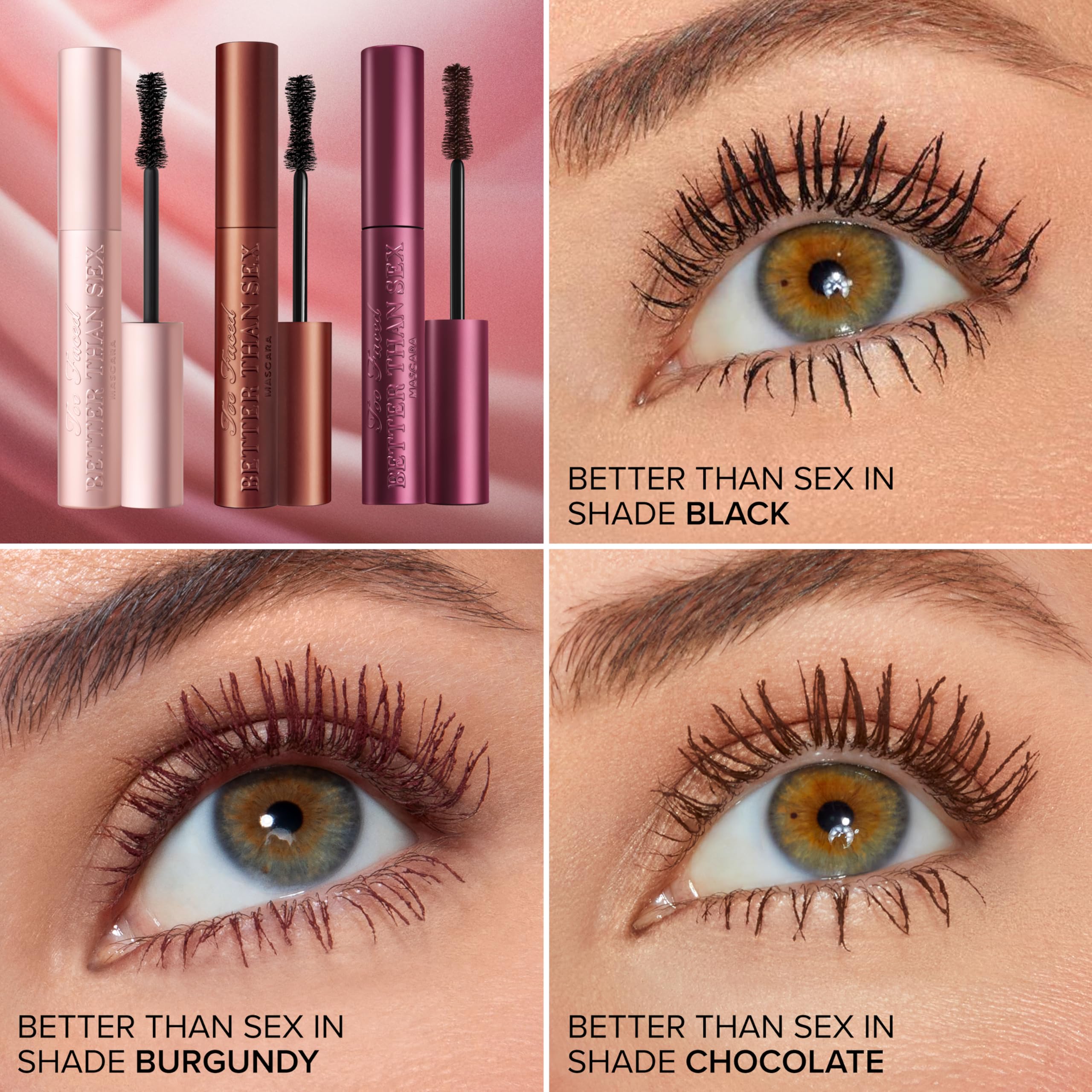 Too Faced wand coating lashes to create length and volumized lift