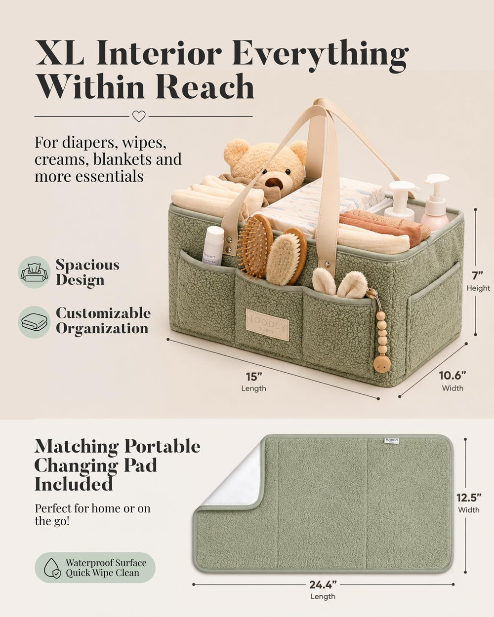Unfolded waterproof side of Toodly changing pad protecting surfaces during on-the-go diaper changes
