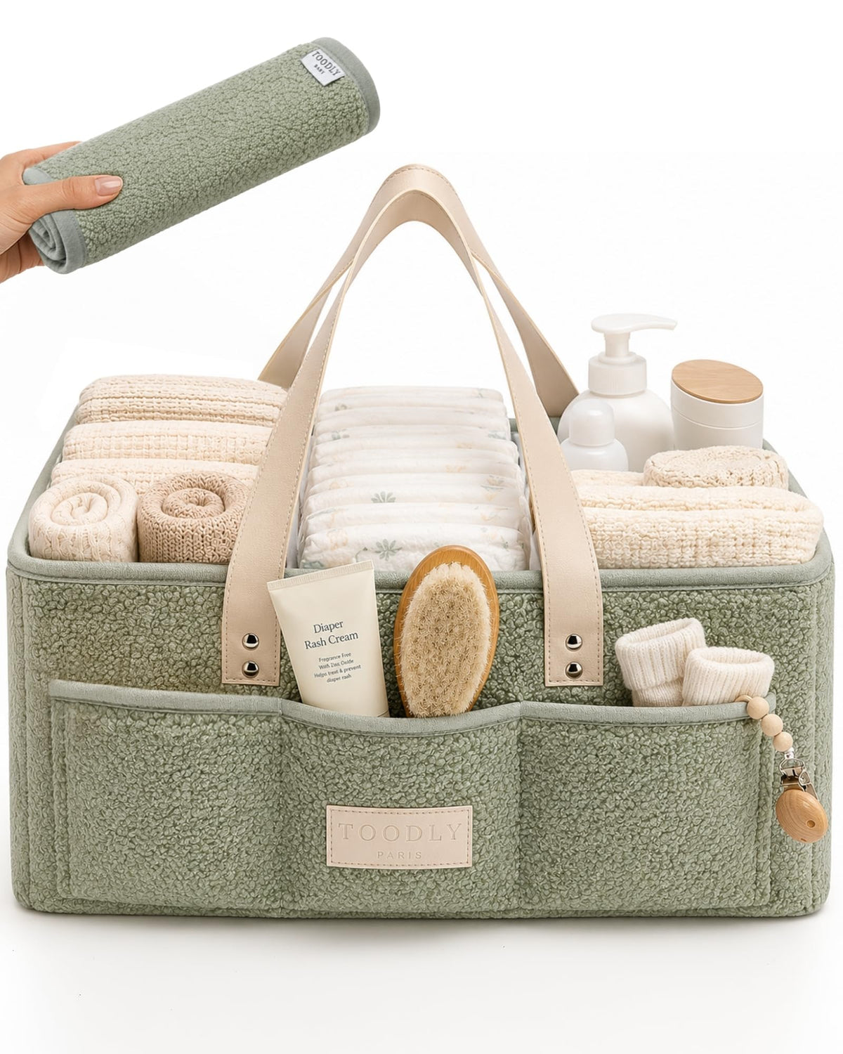 Toodly teddy fleece front view showcasing neat storage and soft design for tidy nursery organization