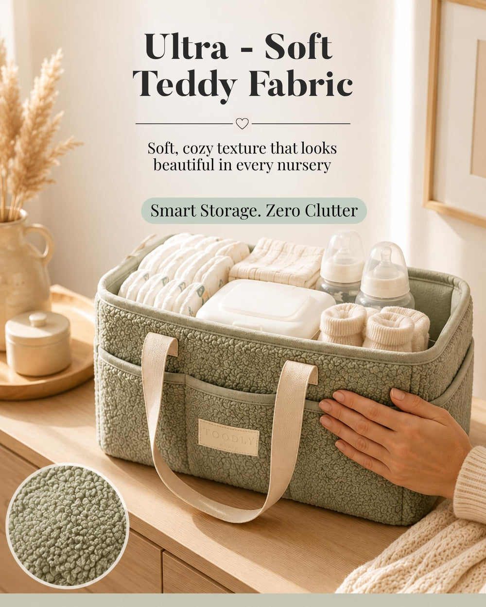 Toodly caddy placed on a changing table in a nursery illustrating practical everyday use