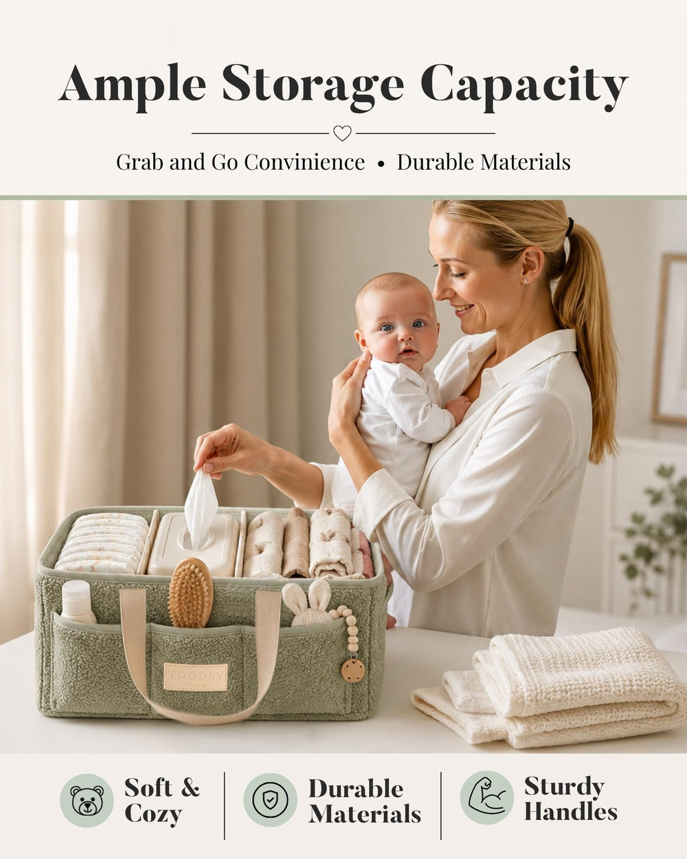 Toodly caddy open with diapers, wipes and bottles showing accessible organization for quick changes