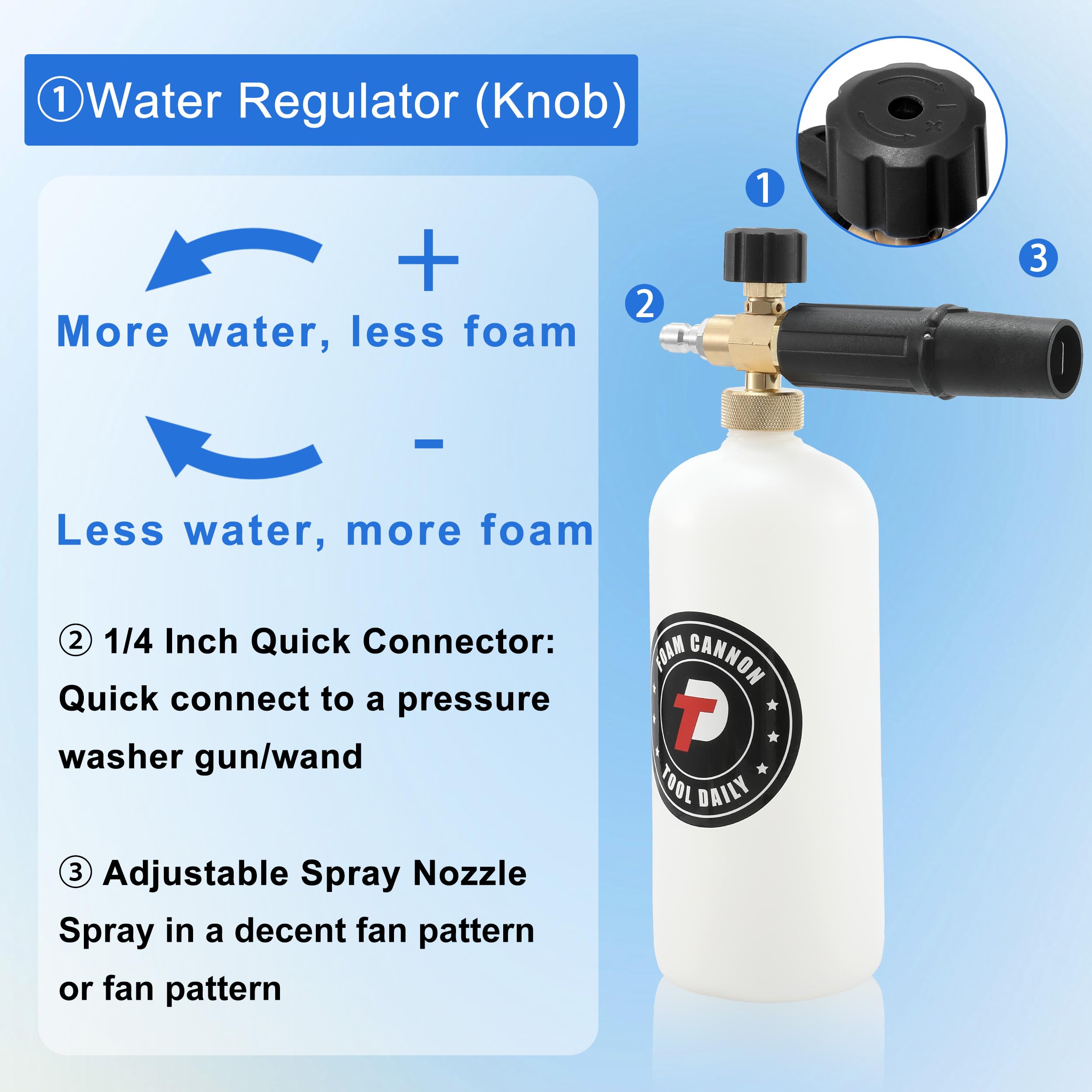 Tool Daily foam cannon with five nozzle tips for choosing spray angle and pressure