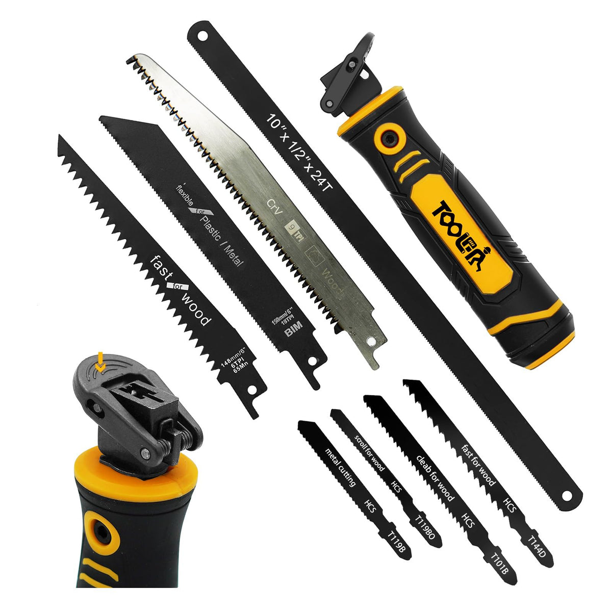 TOOLAN front view of saw kit showing blades and case, highlights portability