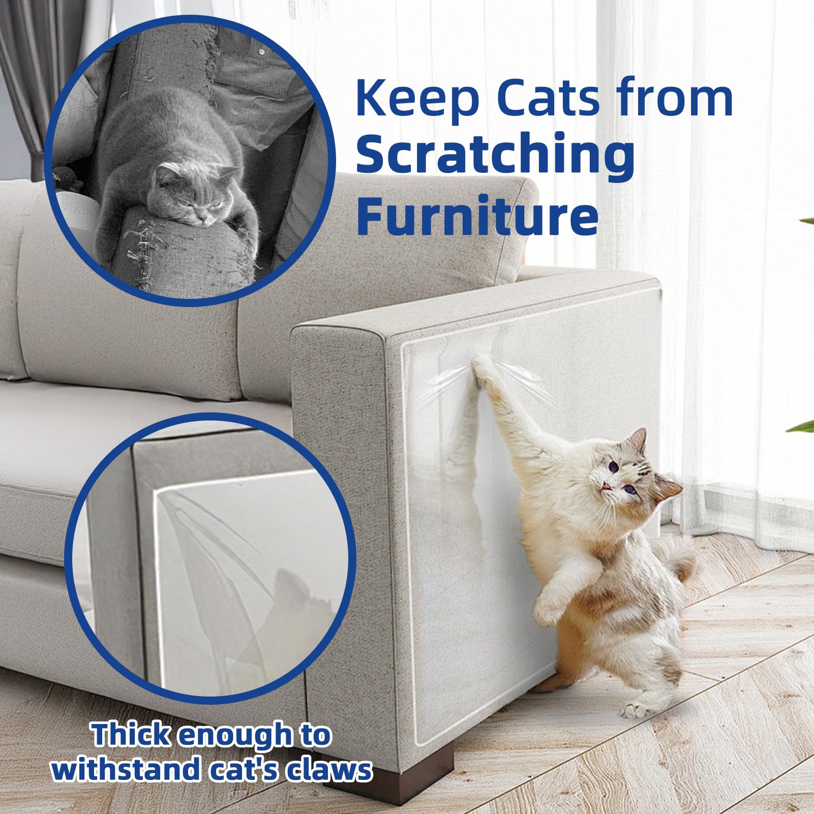 TOOSOFt protector applied to sofa armrest, keeping upholstery safe from cat claws