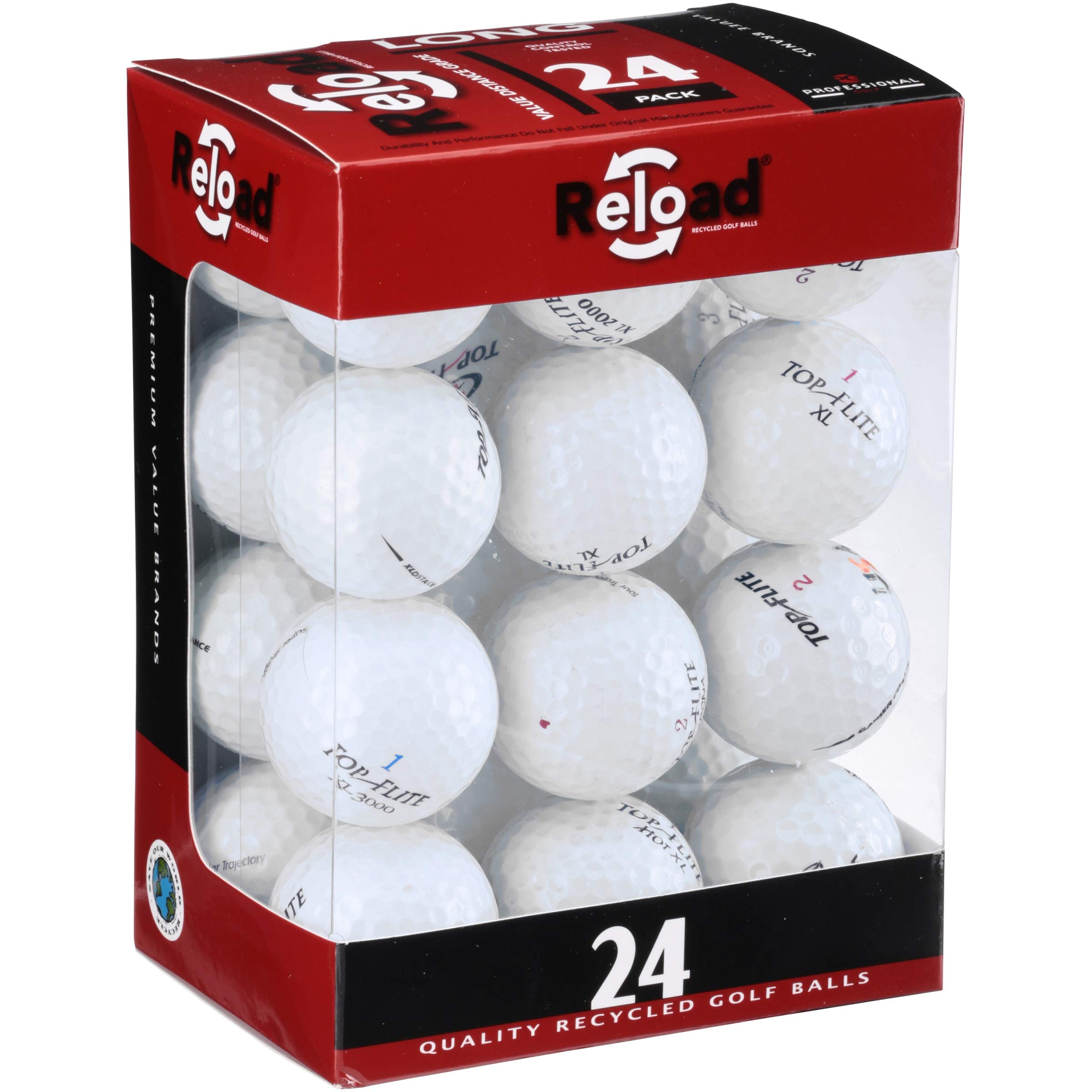 Top Flite front packaging view showing clean recycled balls and value