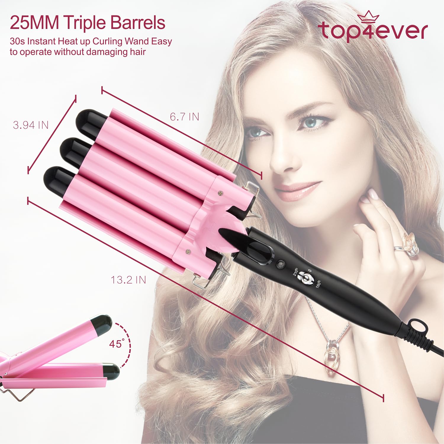 TOP4EVER ceramic barrel close-up highlighting smooth coating for reduced frizz