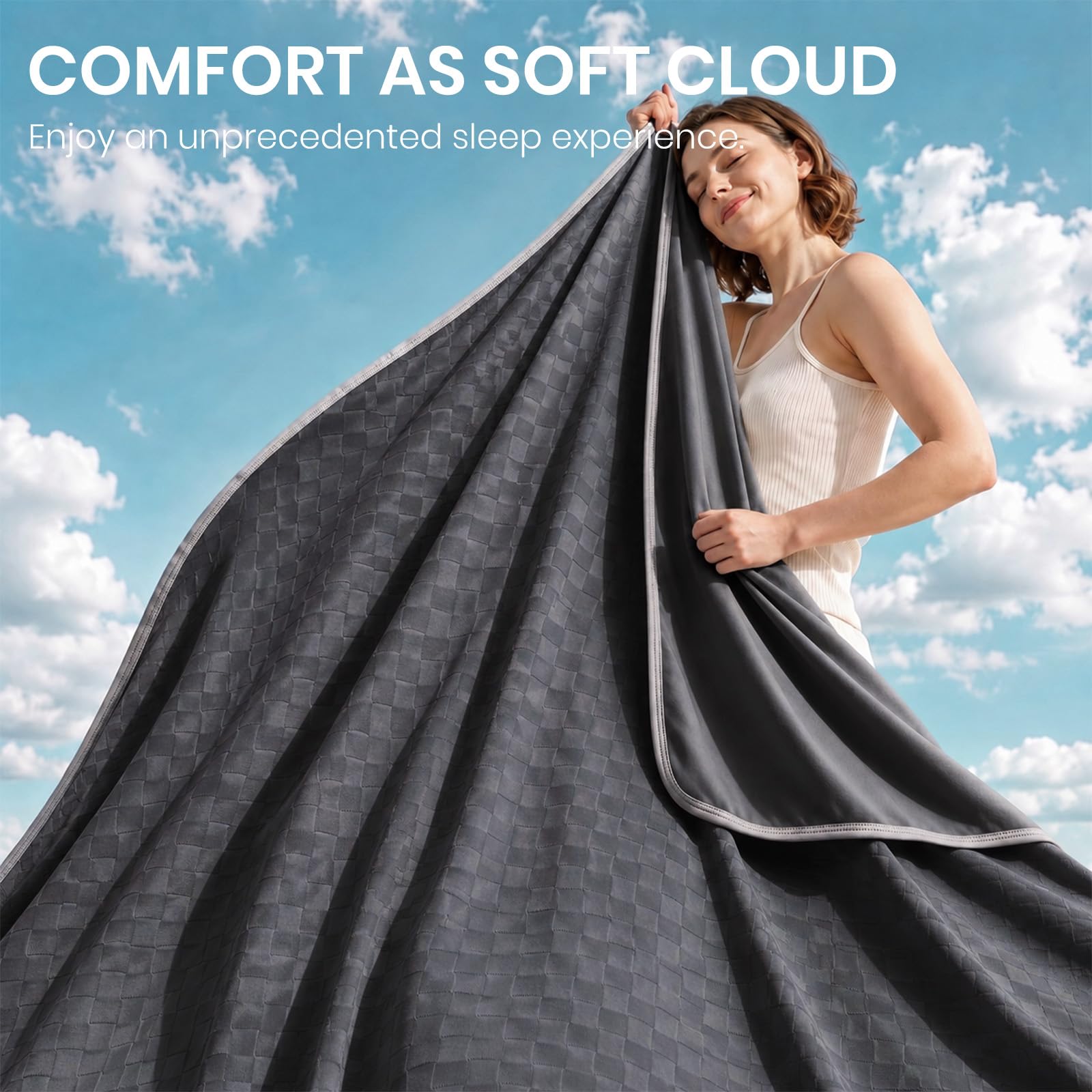 Topcee blanket displayed on queen bed showing size and generous coverage