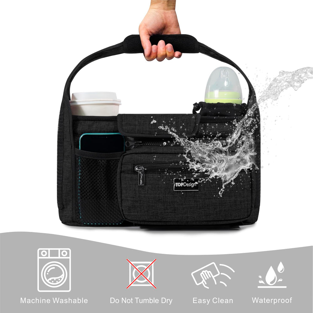 TOPDesign stroller caddy in use on stroller with baby items accessible, convenience benefit