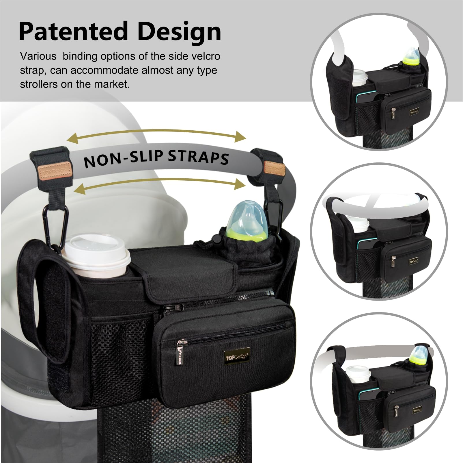 TOPDesign non-slip Velcro hooks attached to stroller handle, secure mounting benefit
