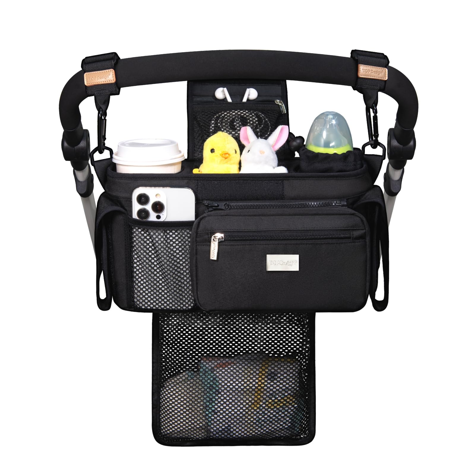 TOPDesign front view of stroller caddy showing organized pockets and upright support
