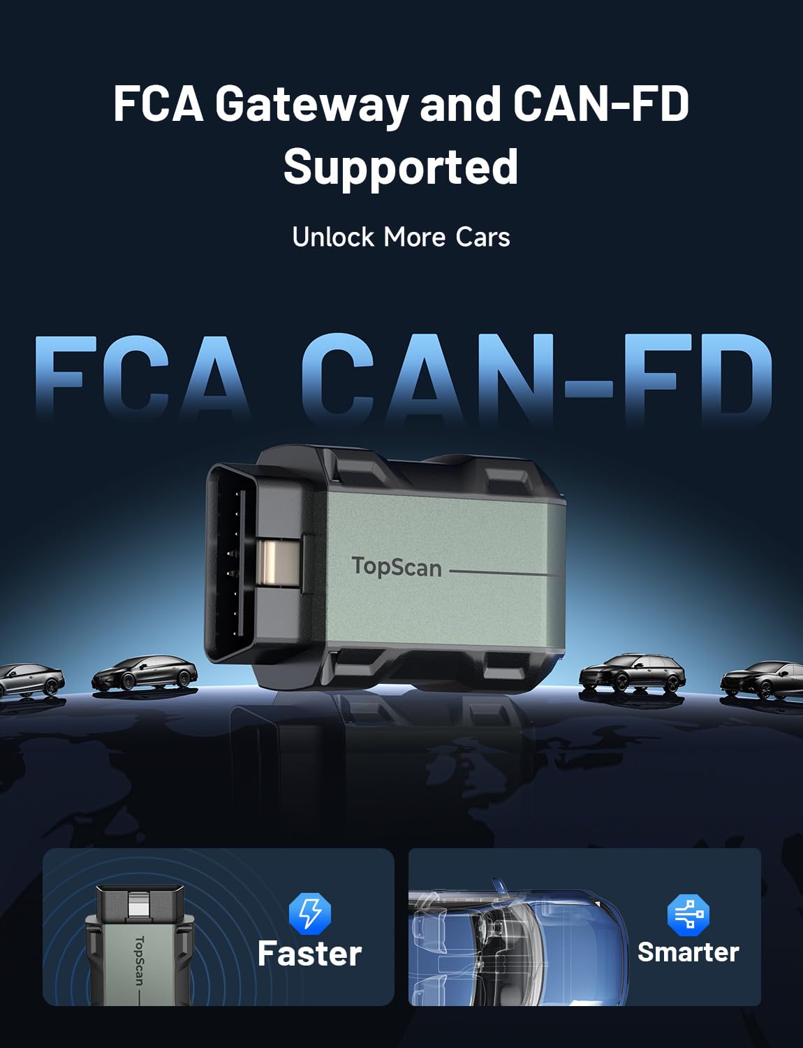 TOPDON TopScan Lite ports and label closeup showing compatibility markings and trusted specifications