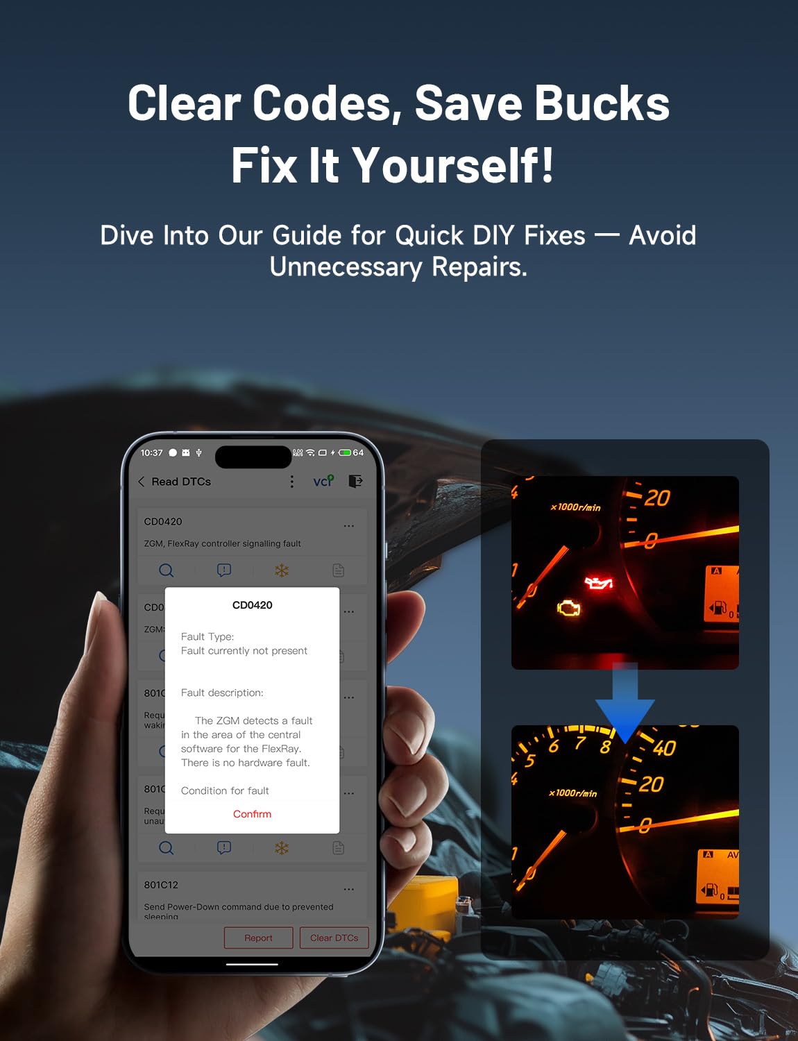 TOPDON TopScan Lite reset menu on phone showing one-tap service resets for fast maintenance