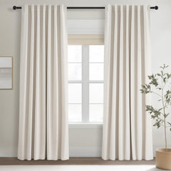Topfinel front view of cream linen blackout panels showing full coverage and style