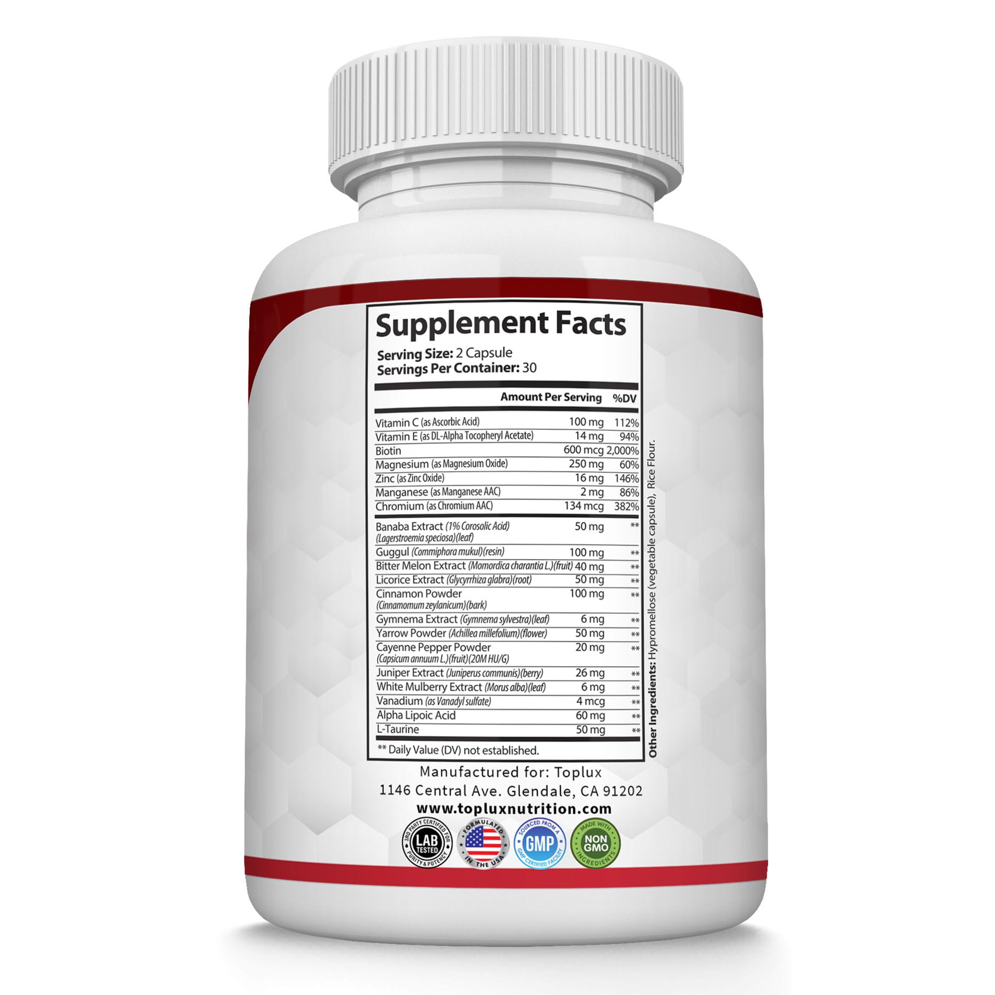 Toplux capsules beside dosage chart showing serving size guidance