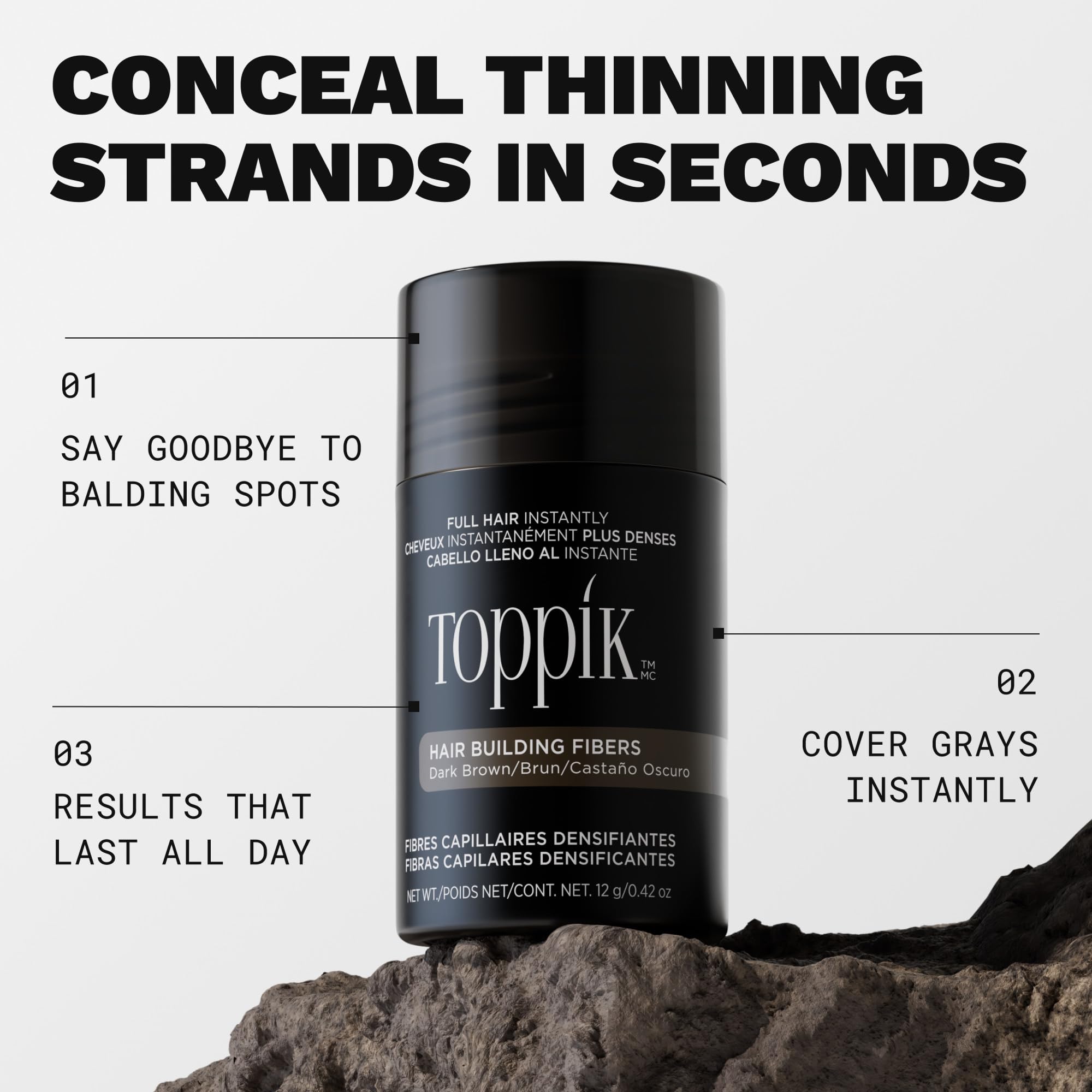 Toppik dark brown dispenser top close-up demonstrating easy application control