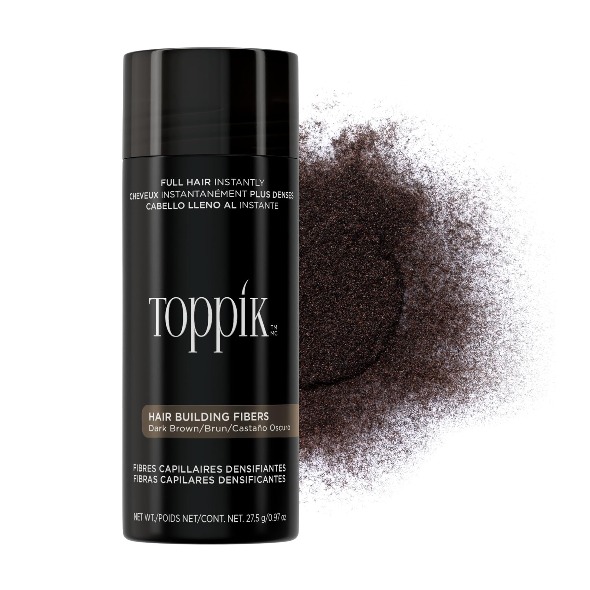 Toppik dark brown front packaging showing product and benefit of fuller hair