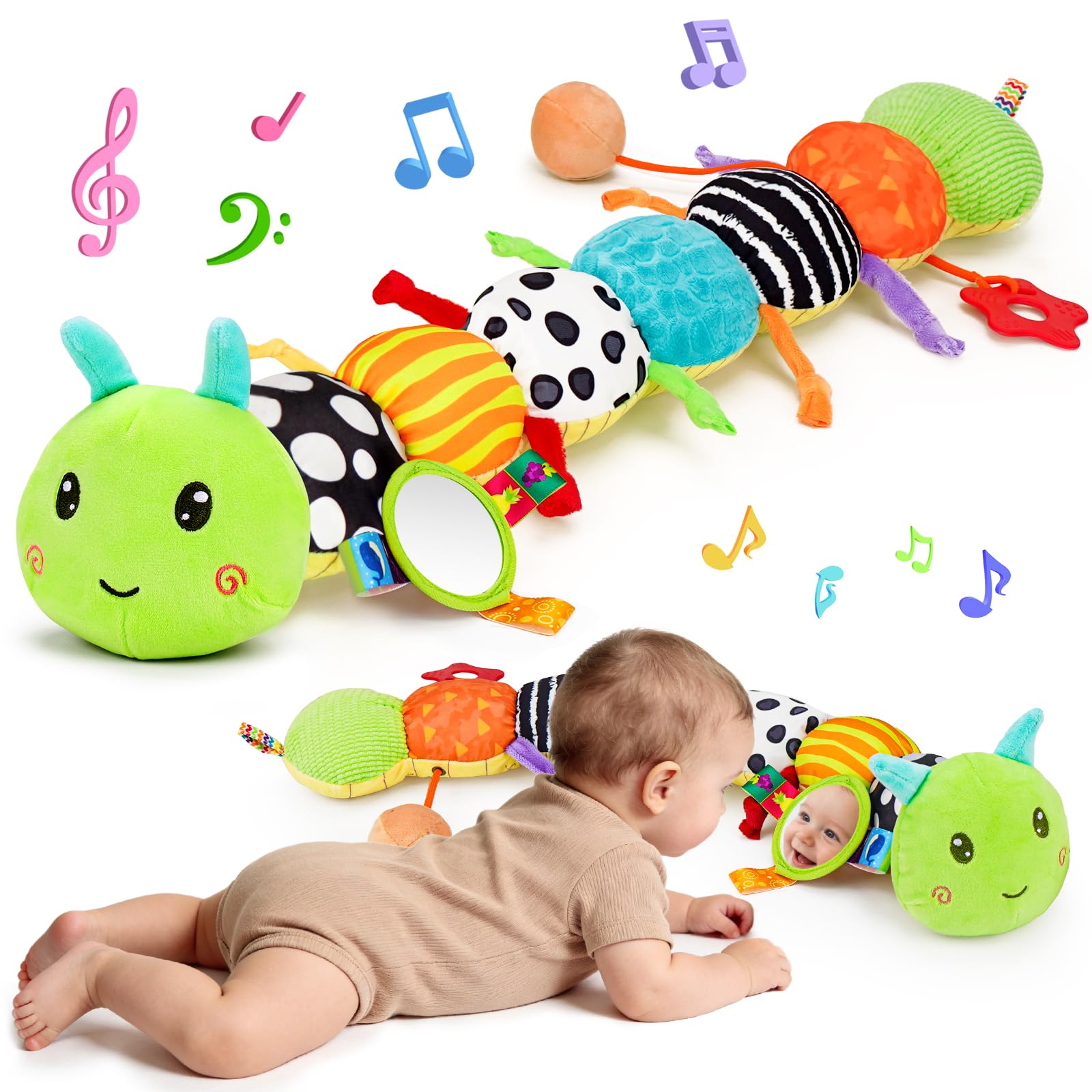 Topsochir front view of caterpillar plush showing bright colors and segments, encourages engagement