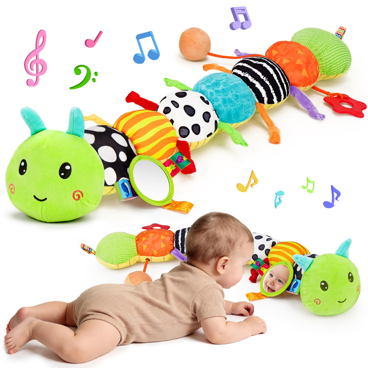 Topsochir front view of caterpillar plush showing bright colors and segments, encourages engagement