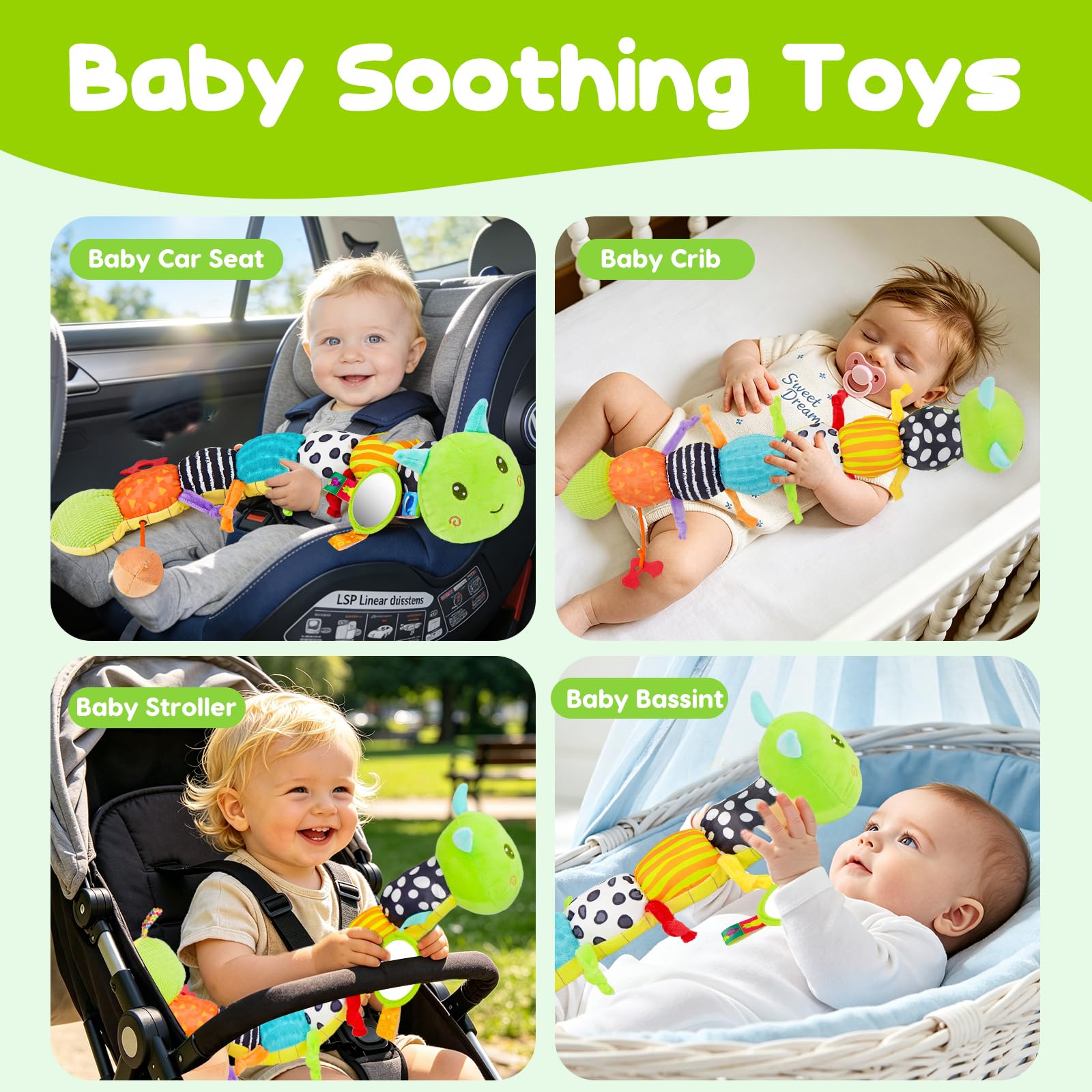 Topsochir caterpillar attached in car seat, illustrates calming travel companion
