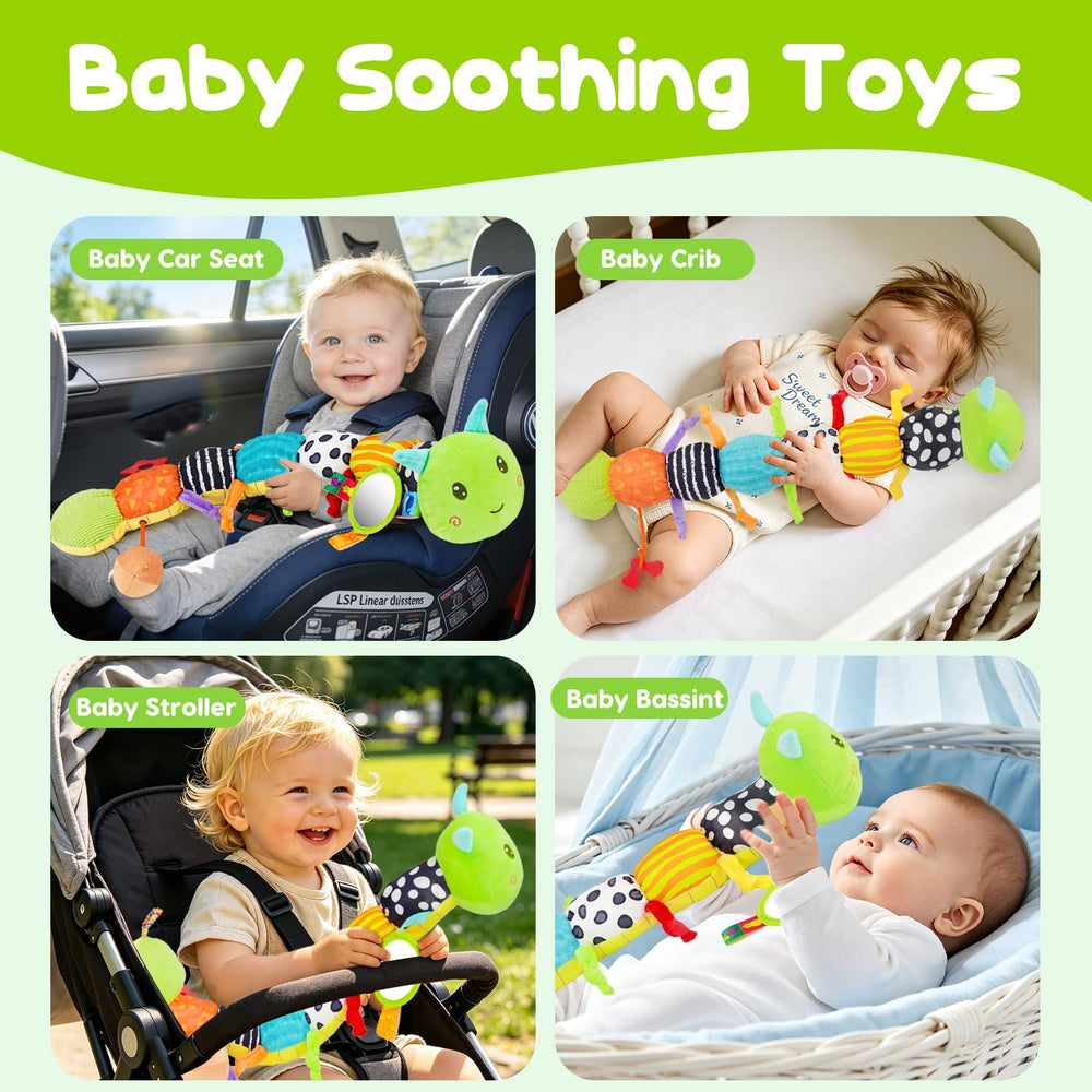 Topsochir caterpillar attached in car seat, illustrates calming travel companion