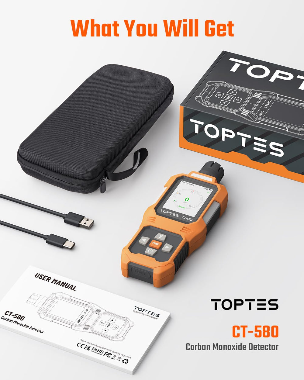 TOPTES CT-580 rear label and ports showing calibration and certification