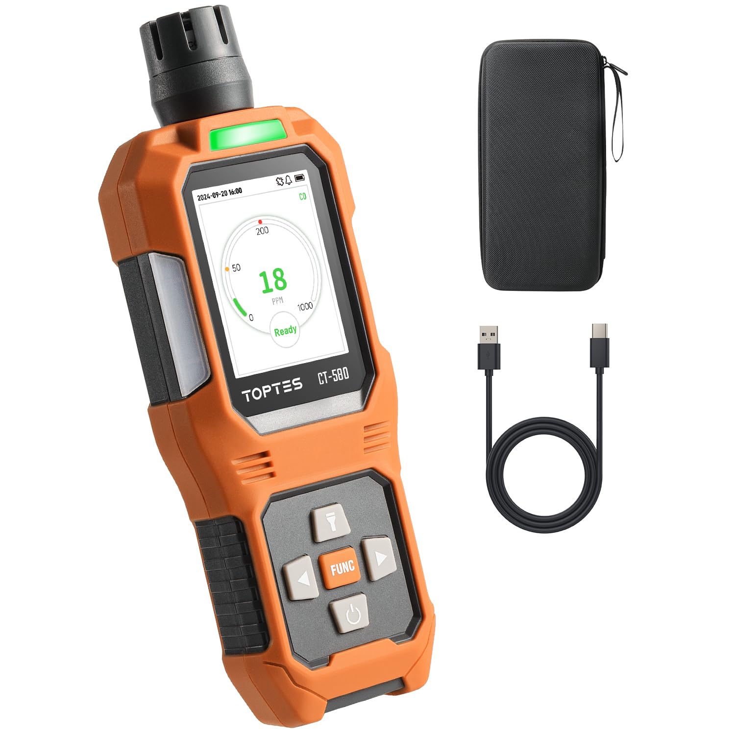 TOPTES CT-580 front display showing CO reading and quick awareness