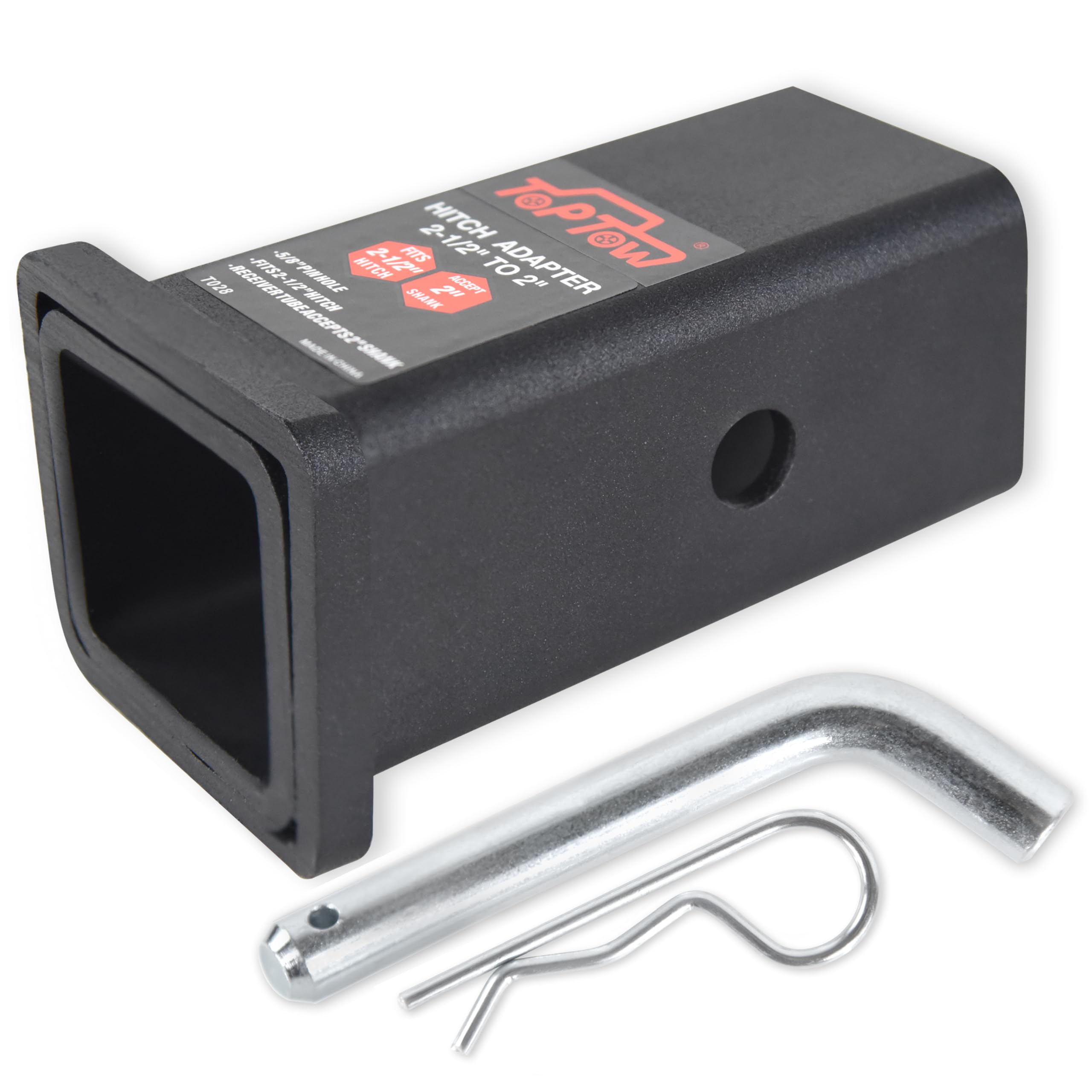 TOPTOW front view of hitch adapter showing flanged lip and black finish, ensures secure fit