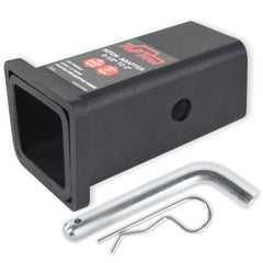 TOPTOW front view of hitch adapter showing flanged lip and black finish, ensures secure fit