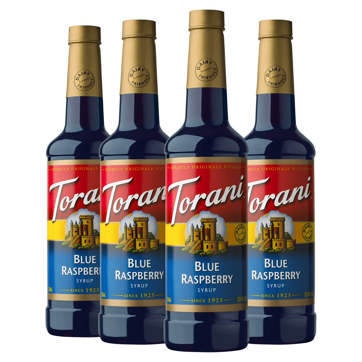 Torani bottle front packaging showing blue raspberry color and volume benefit