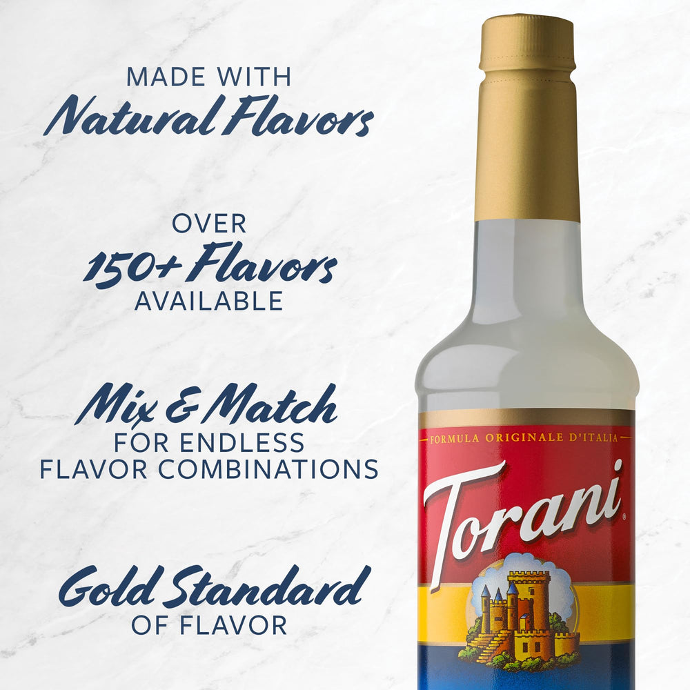 Torani bottle with recipe card suggesting quick drink ideas and inspiration