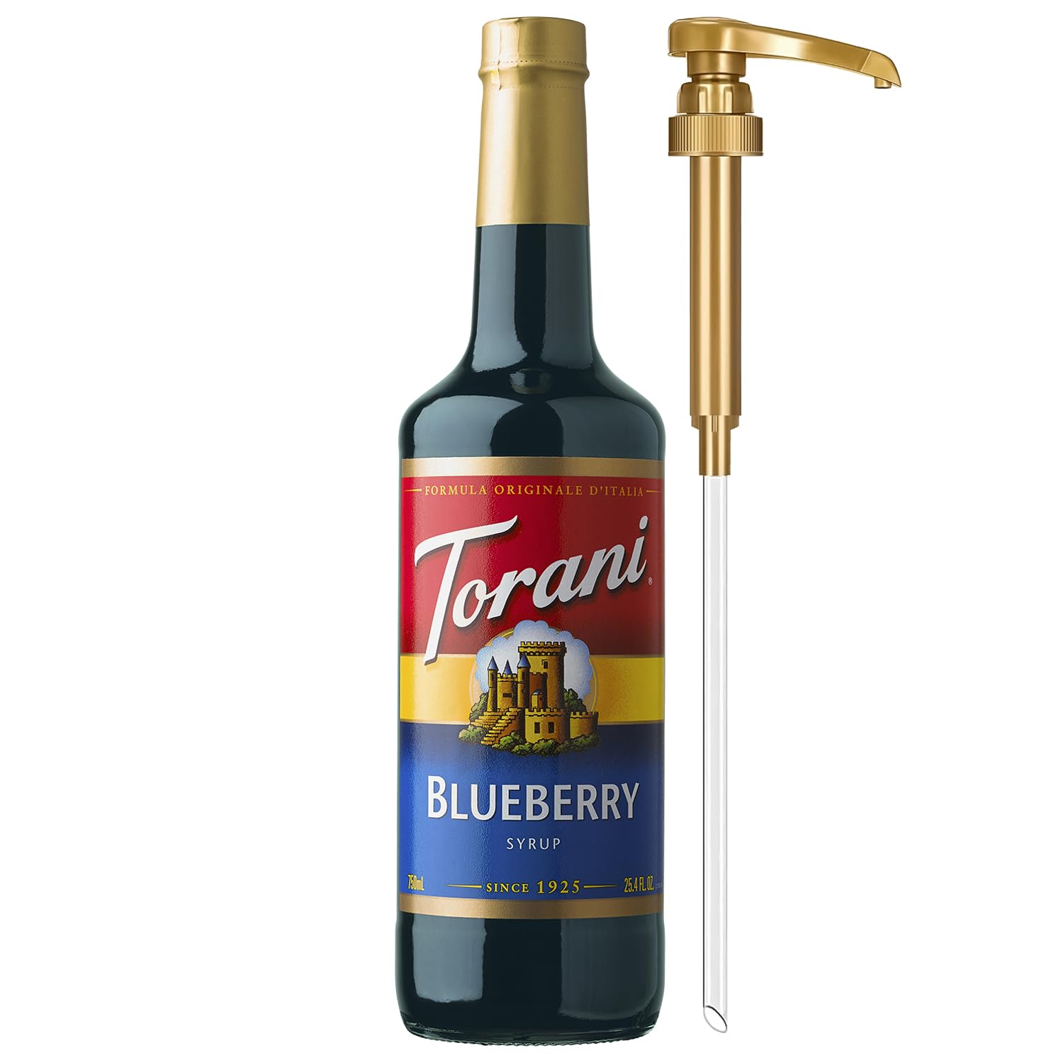 Torani bottle front packaging showing blueberry label and size benefit