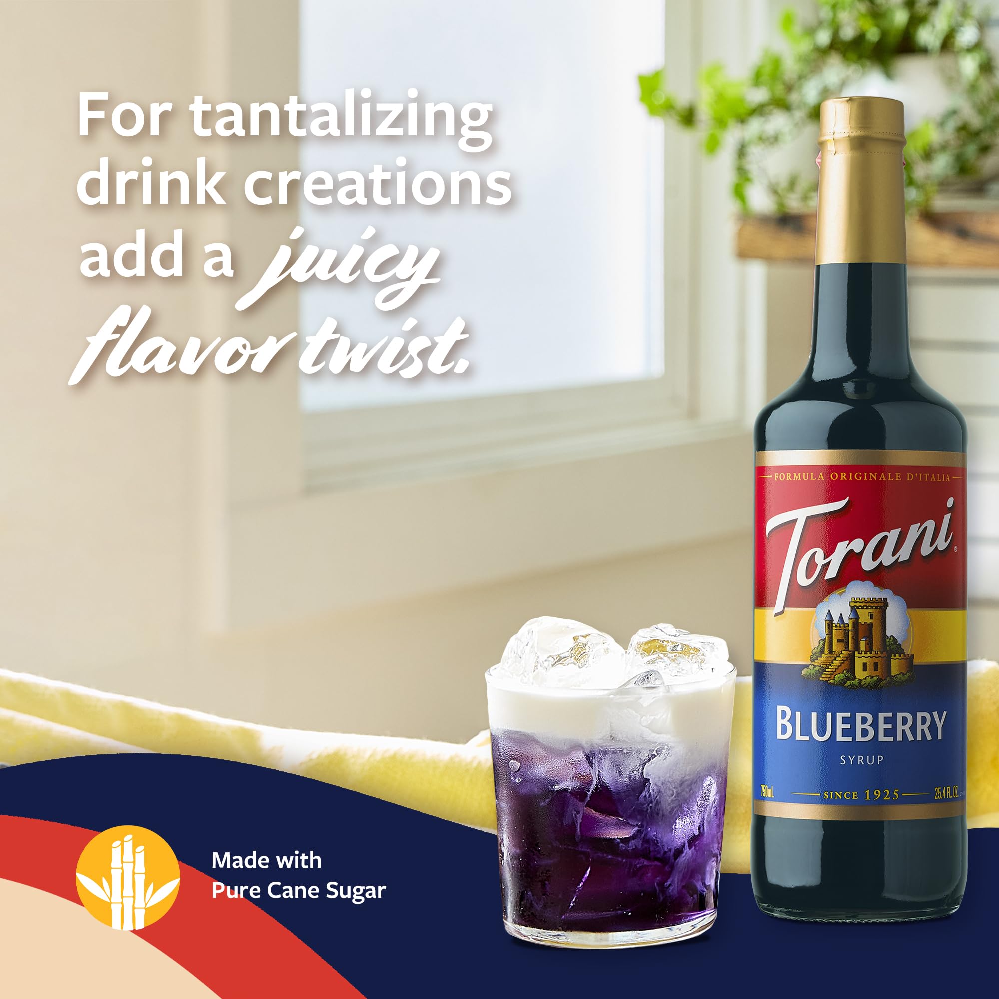 Torani blueberry iced drink in lifestyle scene showcasing café-quality results
