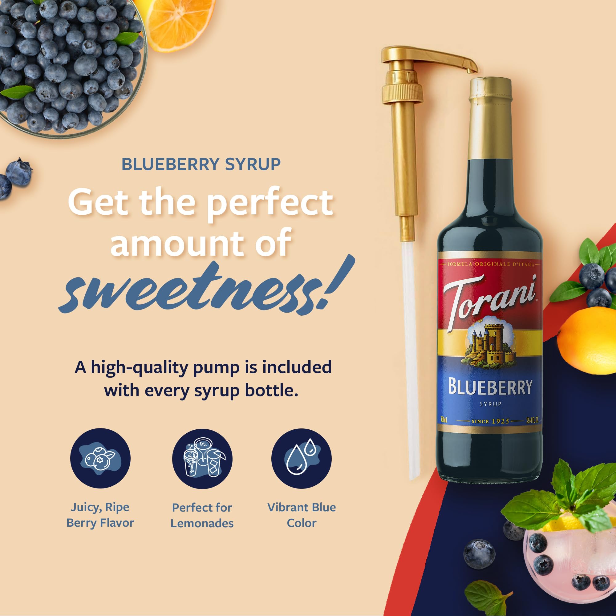Torani blueberry syrup pouring into glass for quick drink preparation benefit