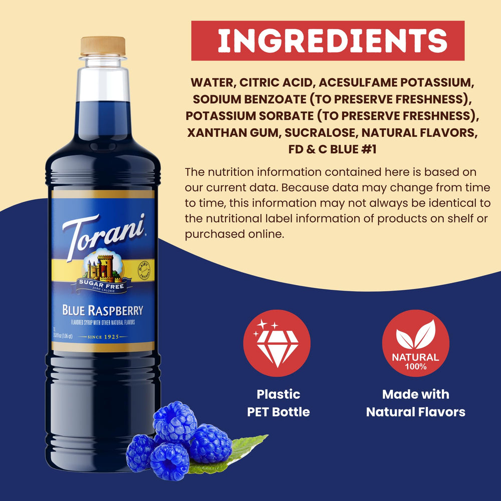 Torani 1L bottle shown next to a coffee cup demonstrating generous supply benefit