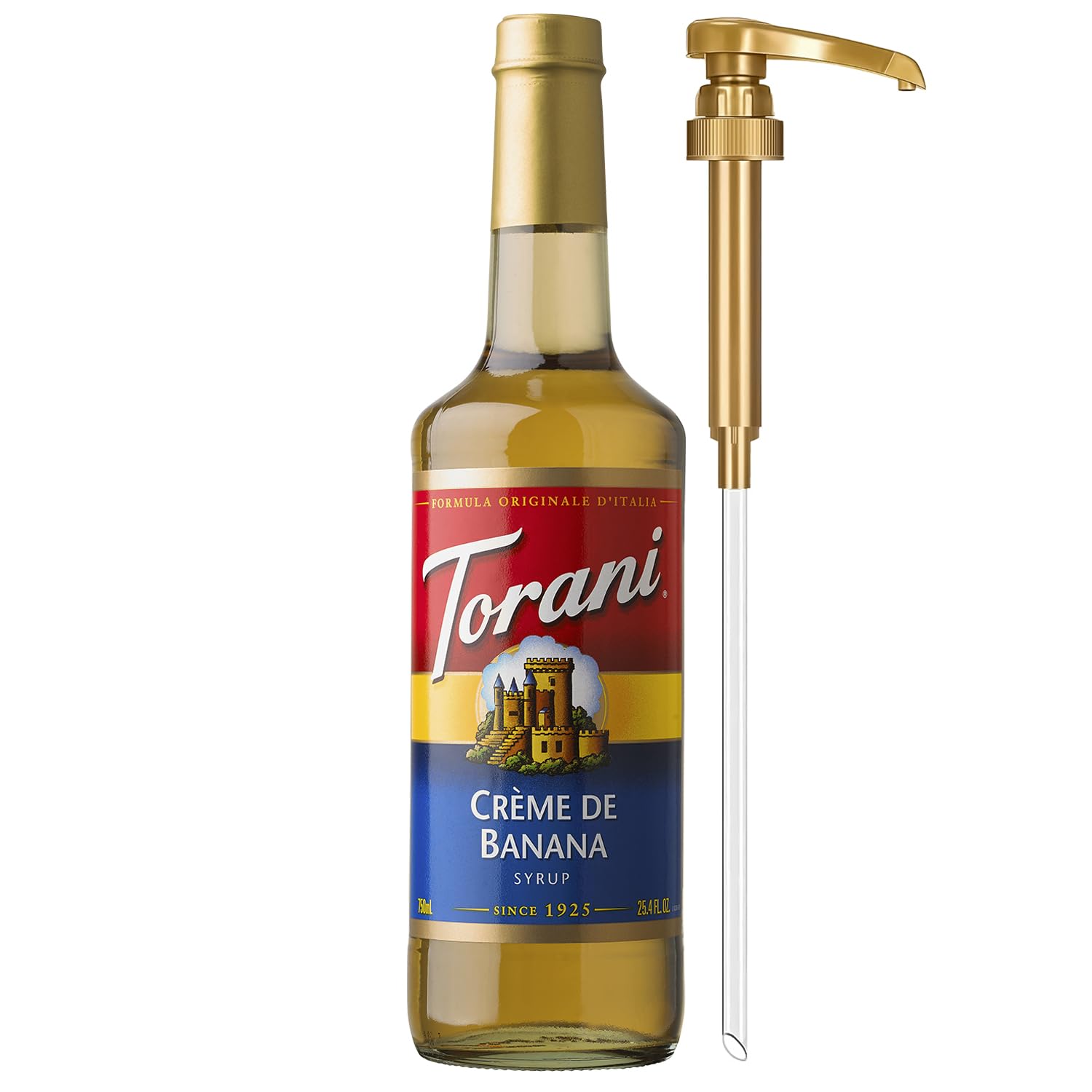 Torani Crème de Banana front label showing flavor and size, highlights brand clarity and appeal
