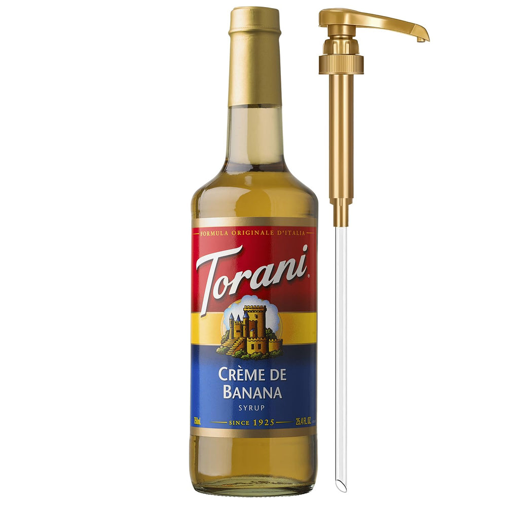 Torani Crème de Banana front label showing flavor and size, highlights brand clarity and appeal