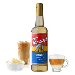 Torani label close-up on French Vanilla bottle highlighting authentic recipe