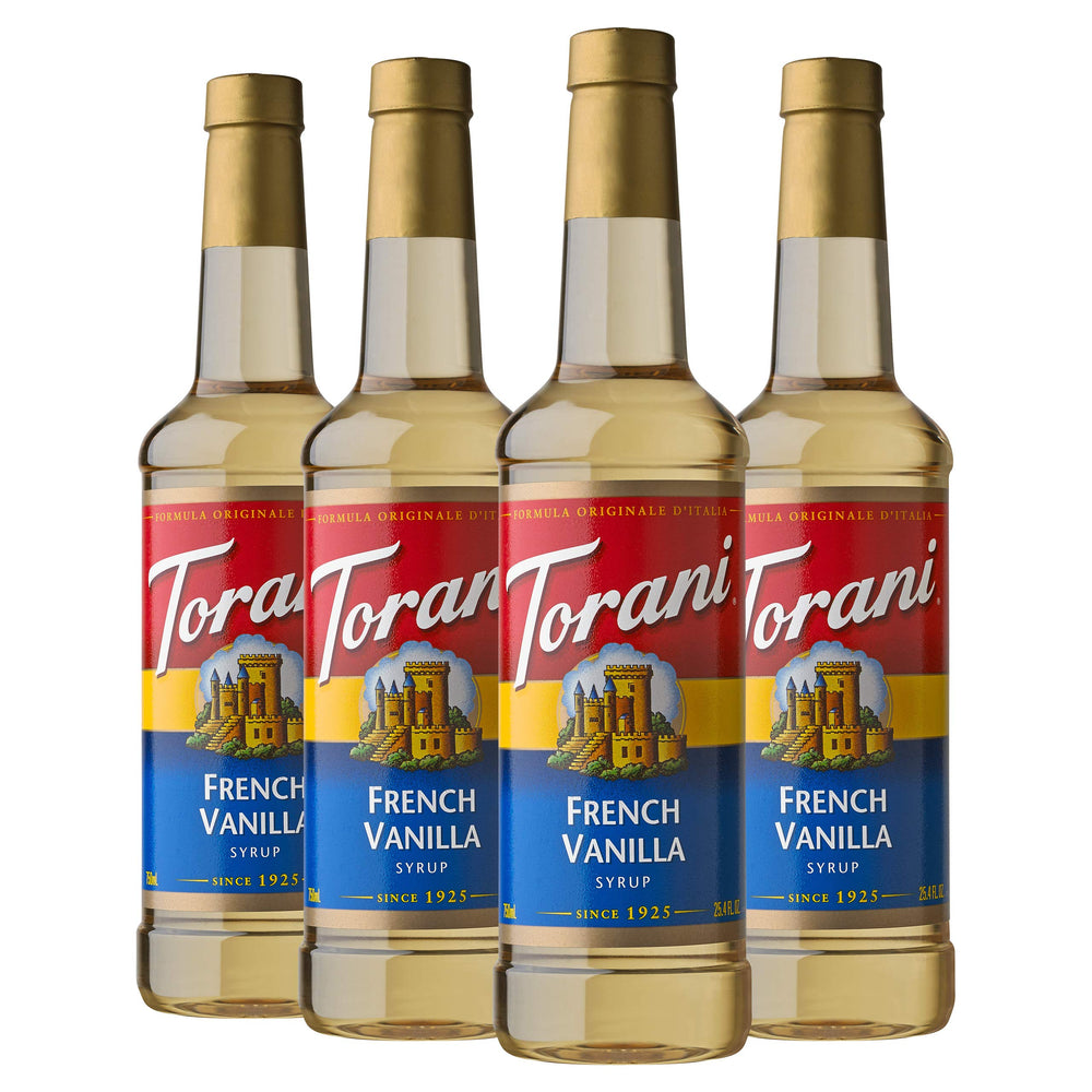 Torani front packaging showing four French Vanilla bottles for consistent flavor