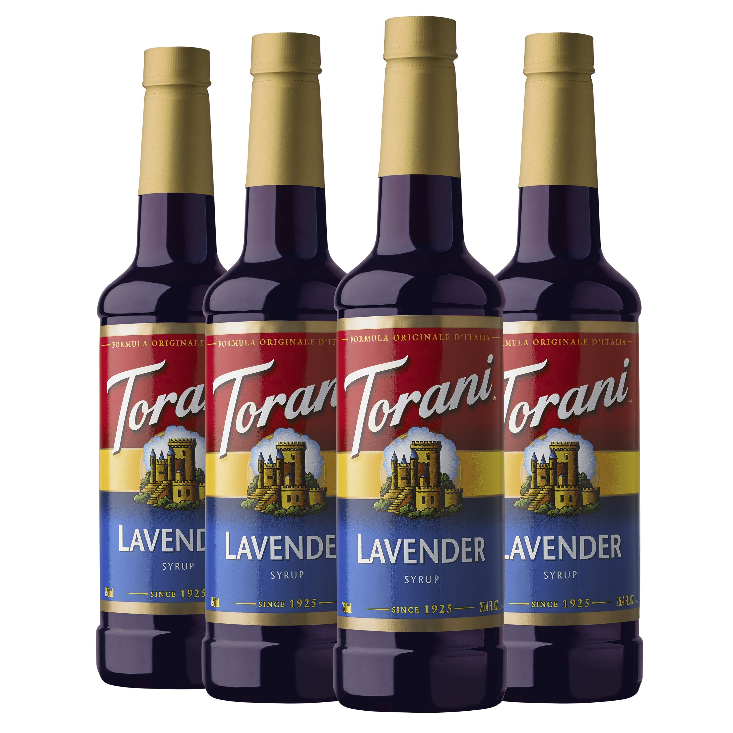 Torani lavender front bottle showing brand and purple syrup for versatile drinks
