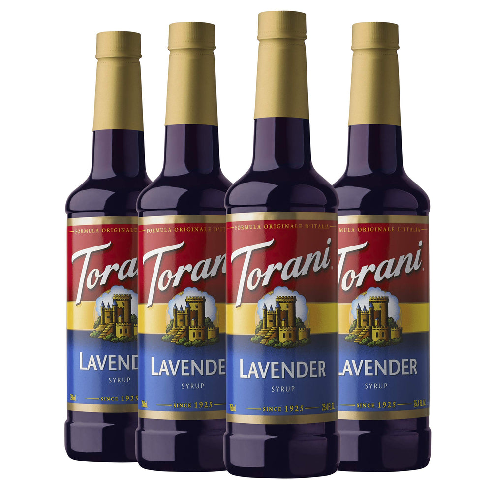 Torani lavender front bottle showing brand and purple syrup for versatile drinks
